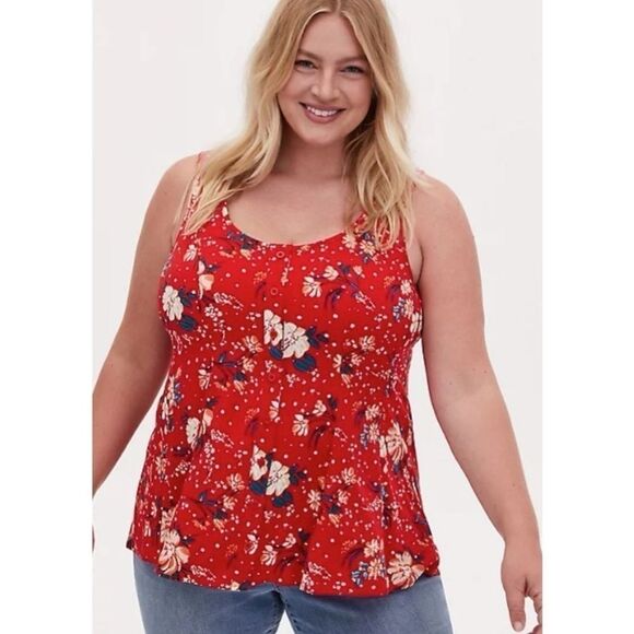 Torrid Red Floral Challis Button Front Fit & Flare Tank - Picture 1 of 9